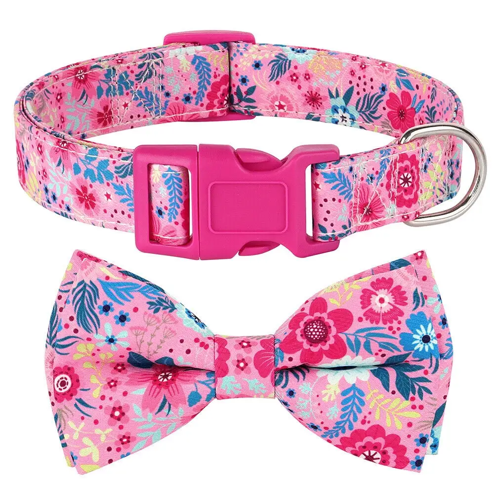 Didog Soft Floral Pet Dog Cat Collars with Cute Detachable Bow Tie Adjustable Fit for Small Medium Large Breeds