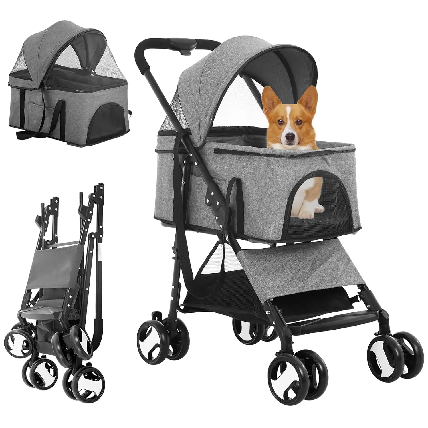 Dkeli 4 Wheels Dog Stroller Folding Pet Stroller Cat Stroller for Medium Dogs with Detachable Carrier. Grey