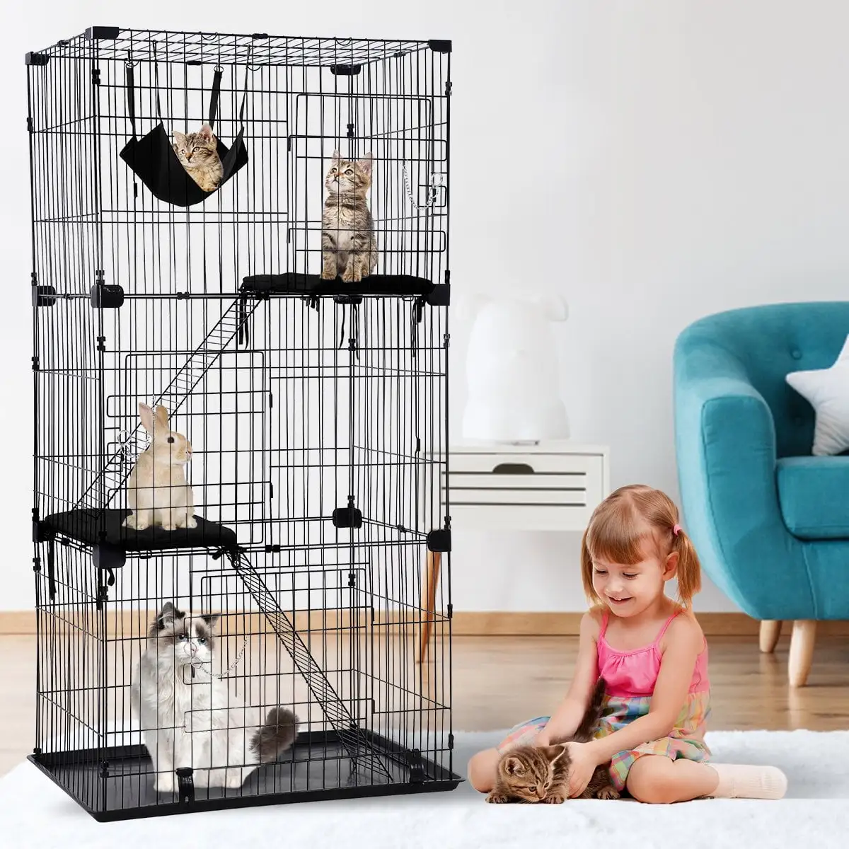 Dkeli 67 inch Cat Playpen Cage Cat Kennel Large Cat Cage Playpen Cat Crates for Indoor Cats with Free Hammock 3 Cat Bed 3 Front Doors 2 Ramp Ladders Perching Shelves. Black