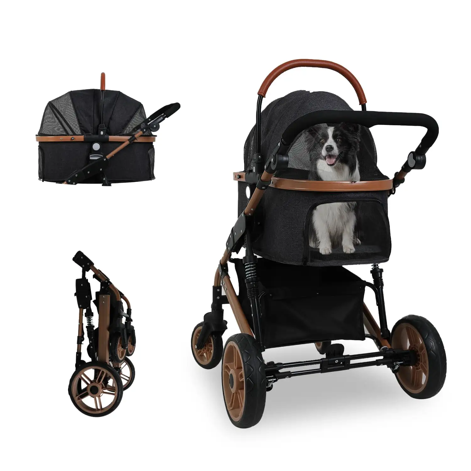 Dkelincs 4 Wheels Dog Stroller folding Premium 3-in-1 Multifunction Pet Stroller with Detachable Carrier. Black