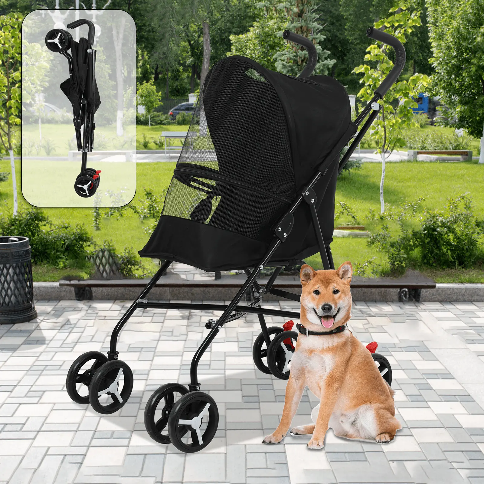 Dkelincs 4 Wheels Foldable Pet Stroller Dog Cat Stroller with Handlebars Breathable Mesh & Leash Seat Belt. Black