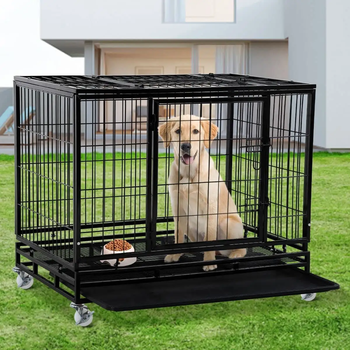 Dkelincs 42 inch Dog Cage Heavy Duty XL Dog Crate and Kennels with Wheels & Tray Dog Kennel with Double Doors for Dog Training