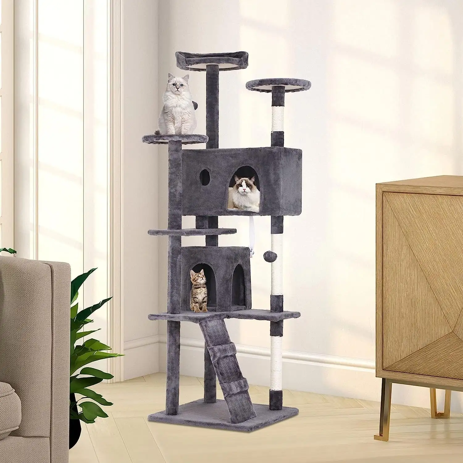 Dkelincs 70H Large Multilevel Cat Tree. Double Condo Cat Tower with Scratching Post Tower & 3 Top Perches. Light Gray