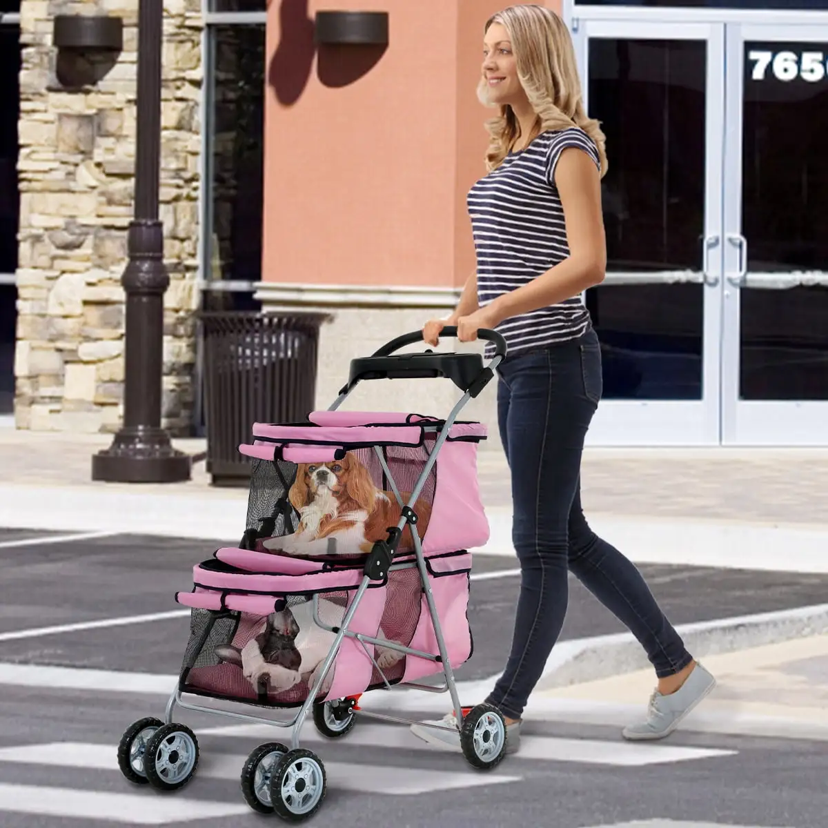 Dkelincs Double Tier Dog Stroller Cat Stroller Travel Folding Pet Stroller 4 Wheels Jogger Stroller with Removable Pad & Cup Holder. Pink