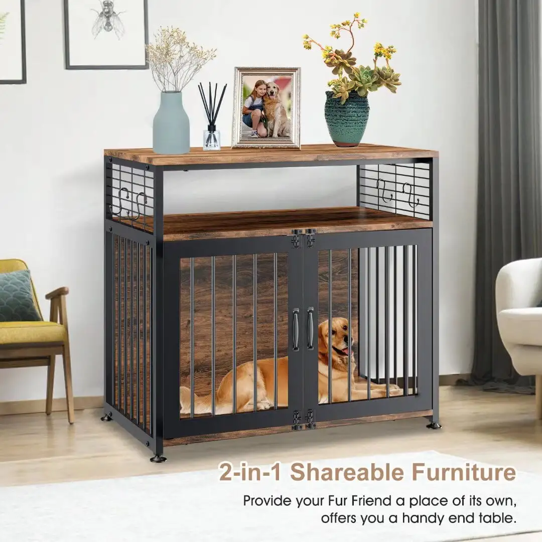 Docred 33'' Wooden Dog Crate Furniture for Medium/Small.Heavy Duty Dogs Safe Cage House with Extra Shelf Space. Decorative Side End Table32*18.5*31