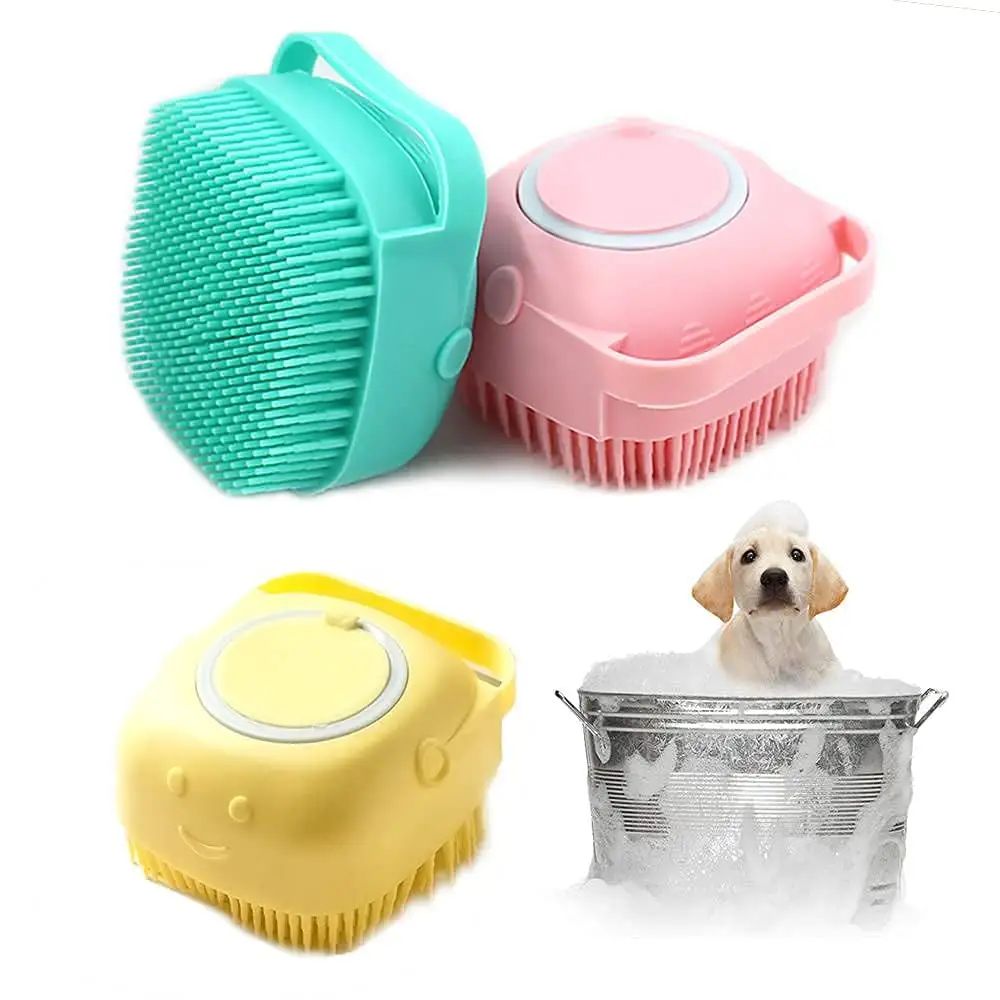 Dog Bath Brush. Best Pet Bathing Tool for Dogs.Soft Silicone Dog Grooming Brush Bristles with Loop Handle Give Pet Gentle Massage.Extra Shampoo Dispenser