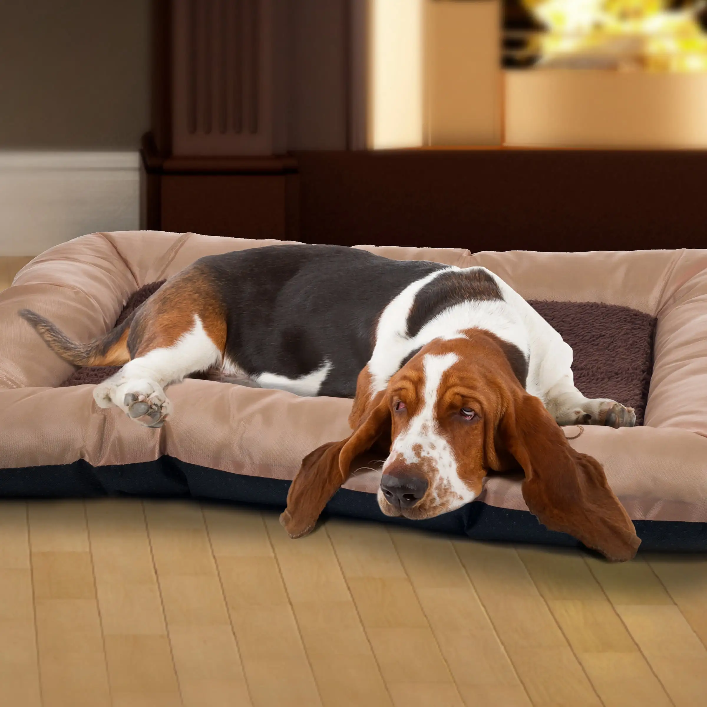 Dog Bed - 43x29 Pet Bed with Sherpa Sleep Surface. Memory Foam. Non-Skid Bottom. and Water-Resistant Nylon Neck Bolster Edging by PETMAKER (Tan)