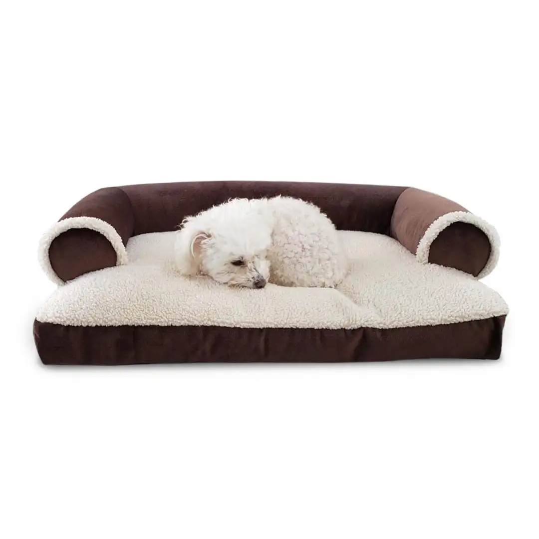 Dog Bed King Medium. Brown Sofa Style Sherpa Dog Pet Bed For Small and Medium Size Dogs. Pillow Cushion Comfort.