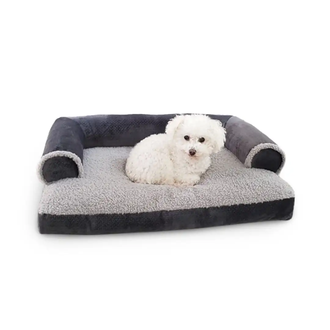 Dog Bed King Medium. Gray Sofa Style Sherpa Dog Pet Bed For Small and Medium Size Dogs. Pillow Cushion Comfort.