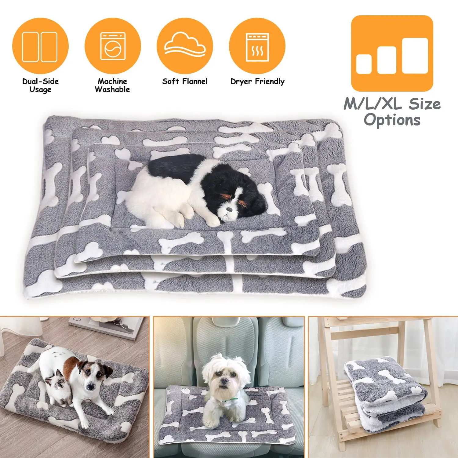 Dog Bed Mat Comfortable Flannel Dog Crate Pad Reversible Cushion Carpet Machine Washable Dual-Side Usage. 24x16x1.4in