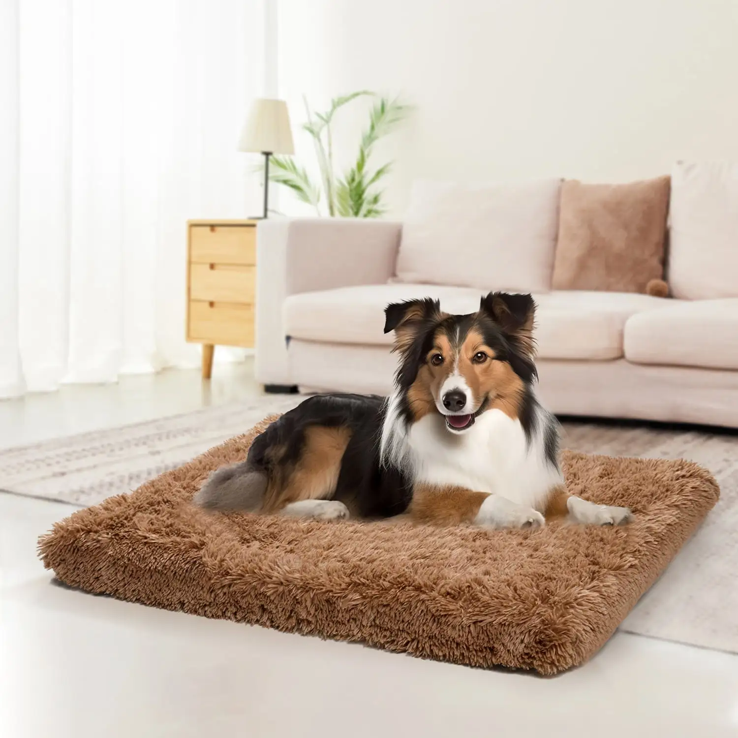 Dog Beds for Medium Large Dogs.Washable Dog Bed Crate Pad.Fluffy Kennel Mat ad Anti-Slip Beds for Dogs Up to 100 lbs.40x 30 Kahki