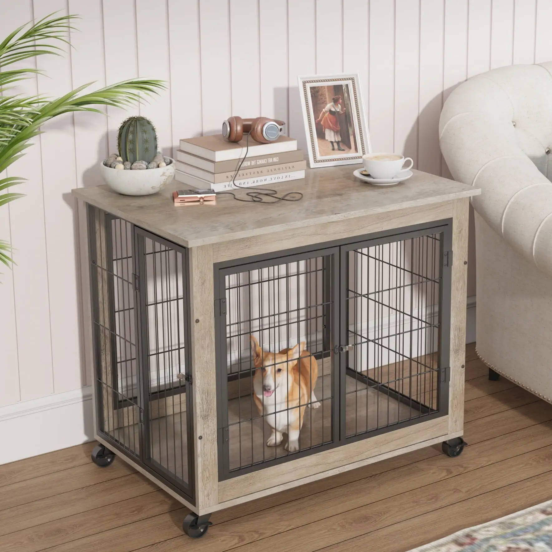 Dog Cage Crate with Double Doors & Wheels. Kennel with Lift Top. Pet Cage for Small to Medium Dogs. Grey. 31.50'' W x 22.05'' D x 24.8'' H