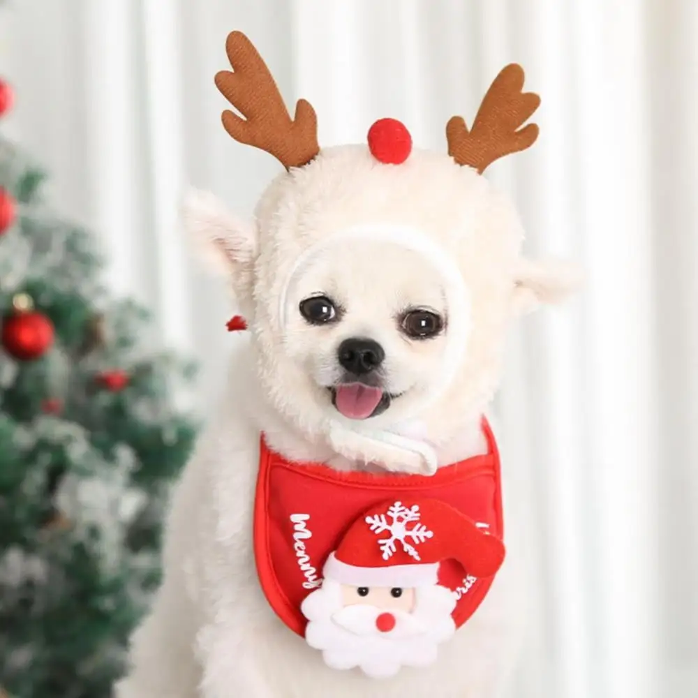 Dog Cat Pet Santa Hat with Bandana Scarf.Christmas Reindeer Antlers Headband Pet Costume Accessories