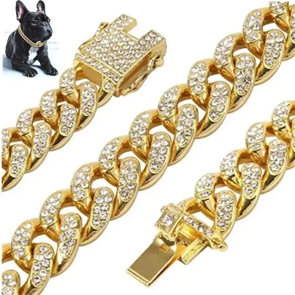 Dog Chain Diamond Cuban Collar Rose Gold Silver Luxury Pet Cuban Dog Collar for Small Medium Large Dogs Cats