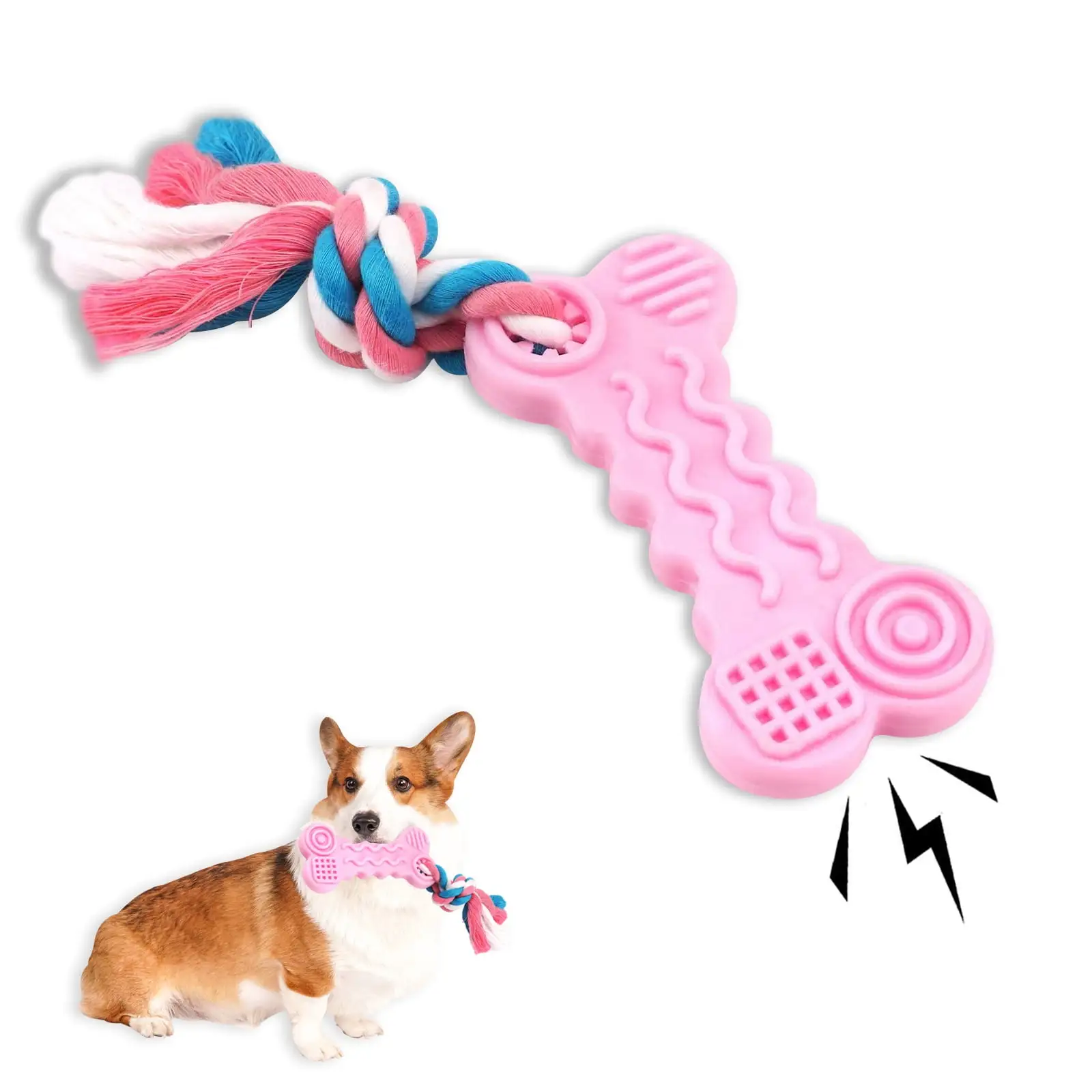 Dog Chew Toys. Soft and Flexible Rubber Puppy Teething Toys with Rope. Interactive Puppy Biting Toys with Cotton Rope for Small Dogs Pets. Pink