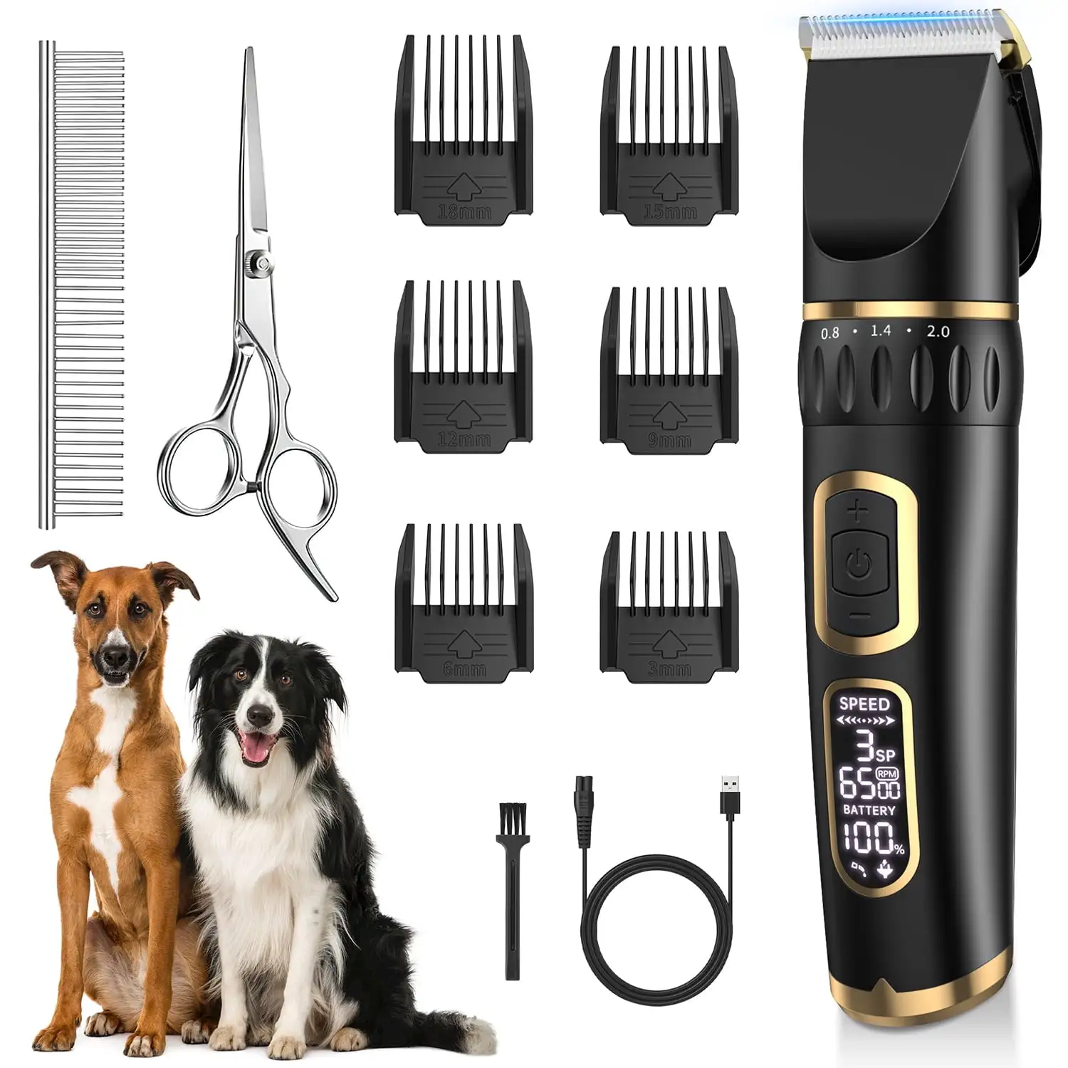 Dog Clippers Grooming Kit. Rechargeable Cordless Pet Hair Clipper Trimmer Shaver. 3-Speed Low Noise Electric Pets Tools with LCD Display. Scissor. 6 Comb Guides for Thick Coats Dogs Cats Animals