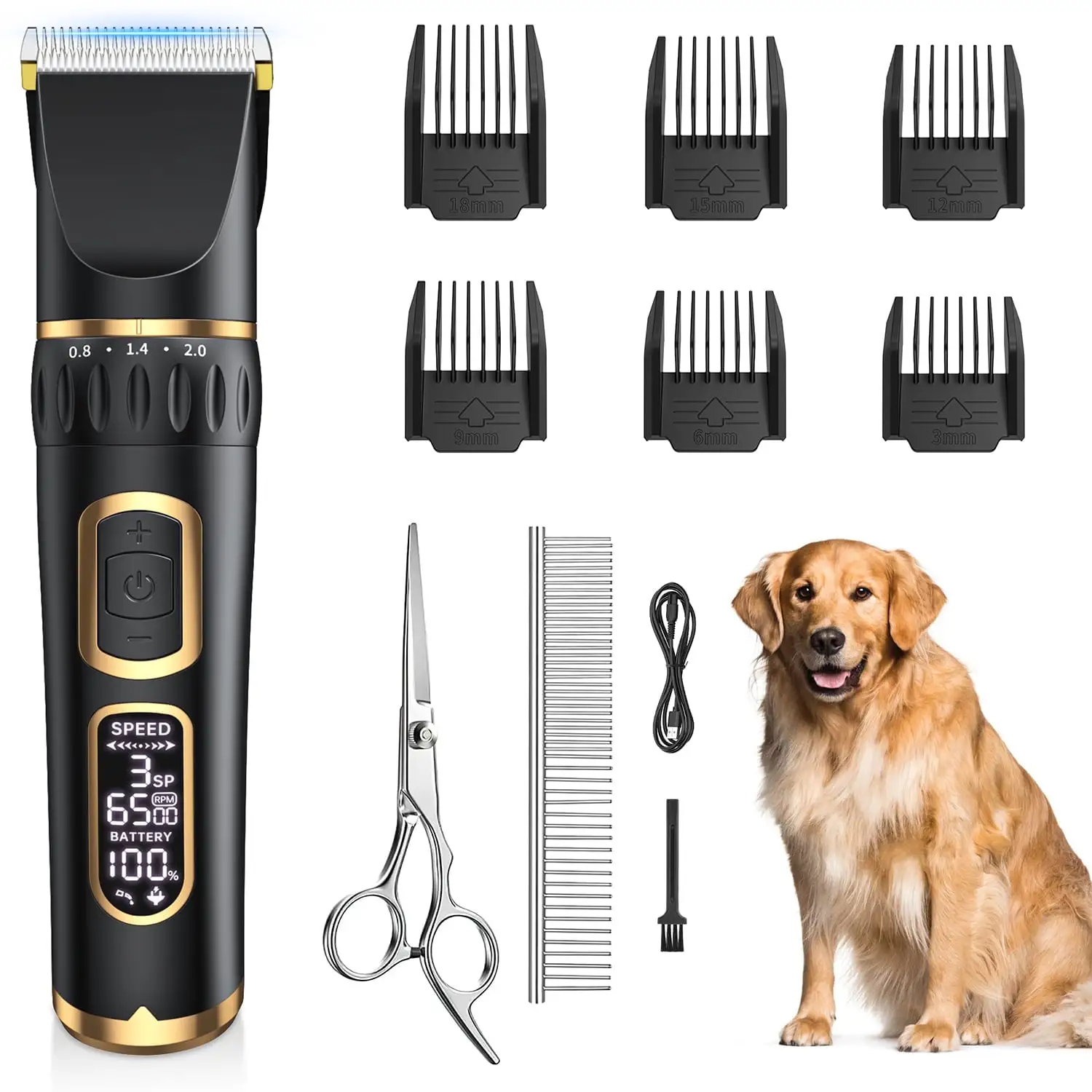 Dog Clippers. Professional Dog Grooming Kit. 3-Speed Low Noise Rechargeable Cordless Pet Hair Clipper Trimmer Shaver Shears for Dogs Cats Pets Animals Thick Coats with LCD Display. 6 Comb Guides