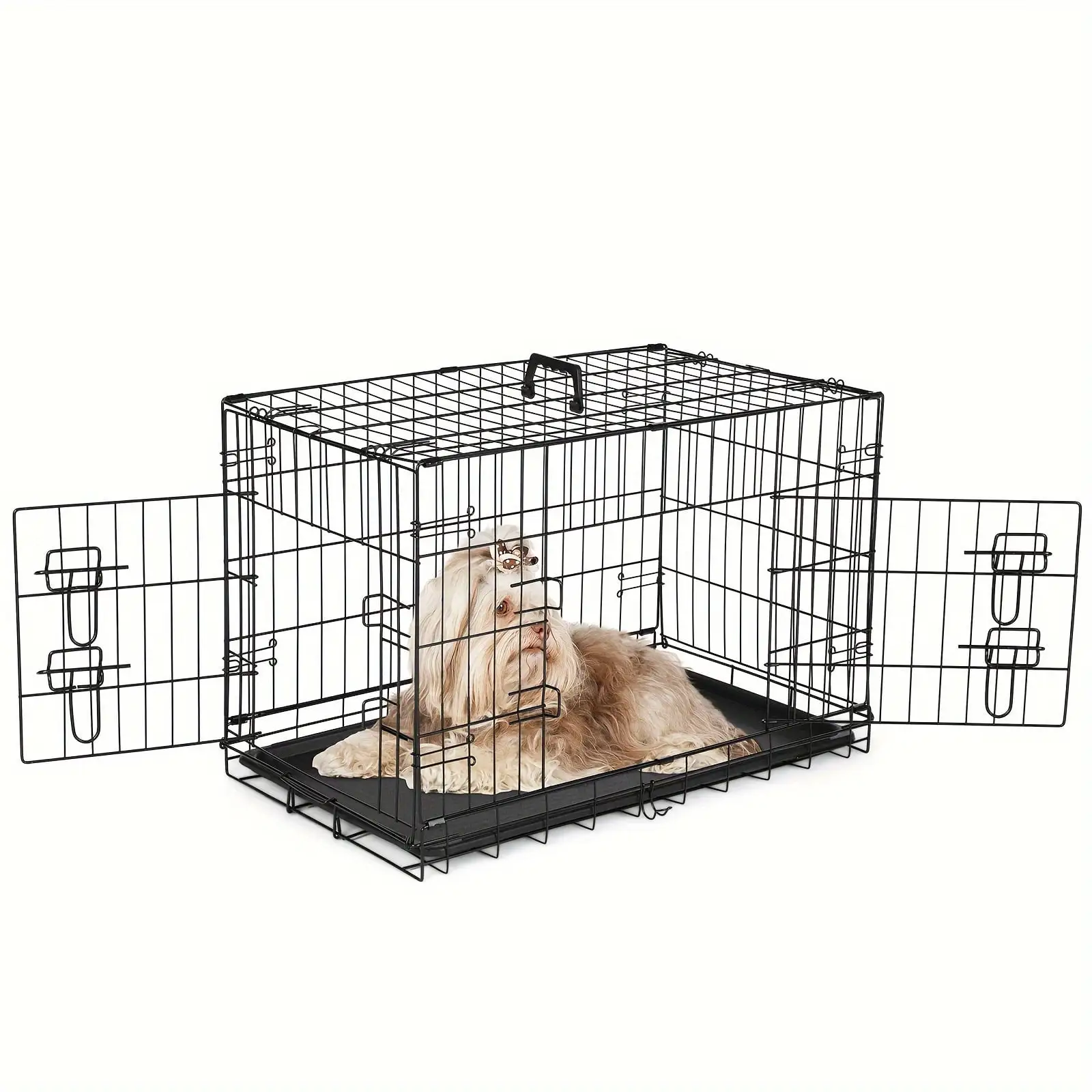 Dog Crate with Double Doors - Enhanced Metal Foldable Pet Cage with Divider Panel & Removable Tray. Portable Large XL Kennel for Out Indoor with Handle. Black 24-48 Inch