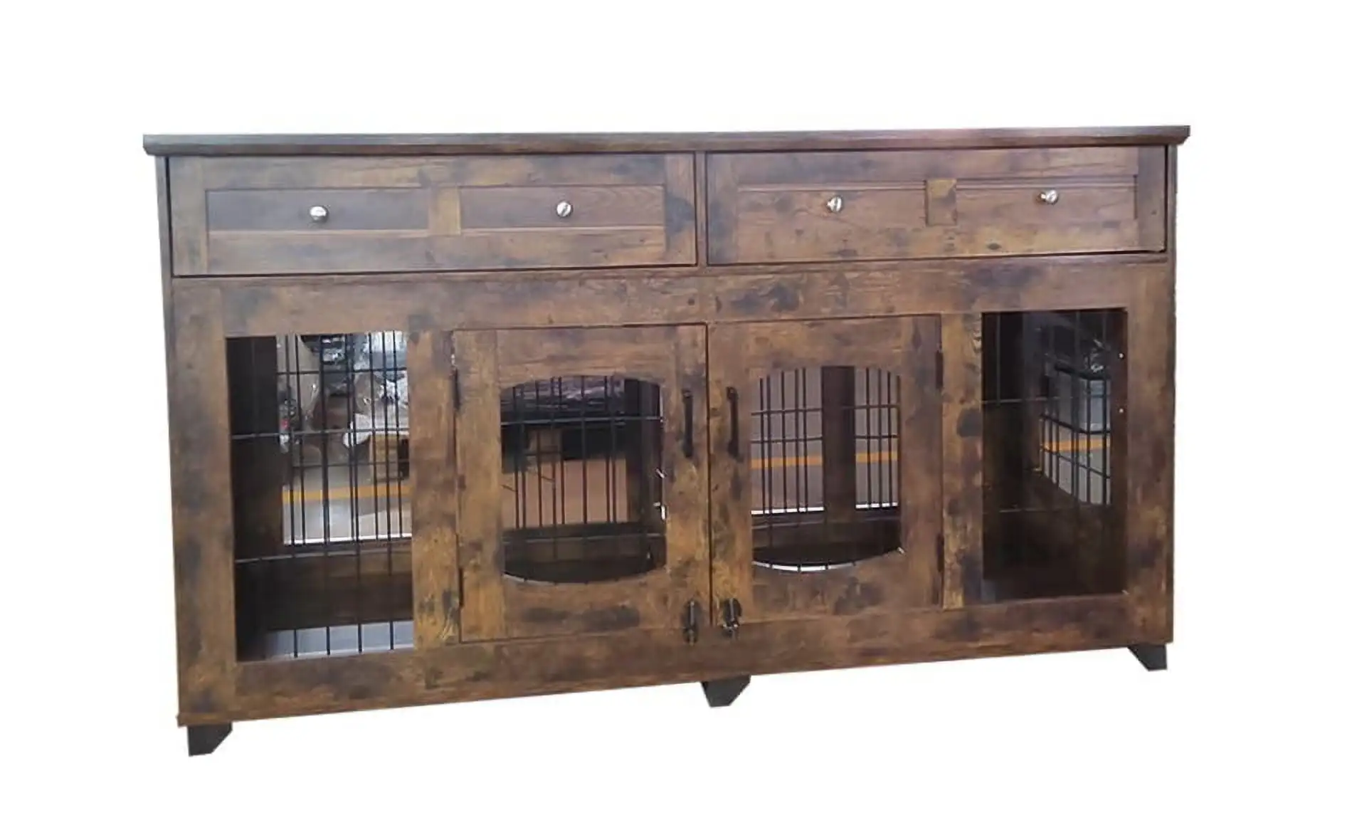 Dog Crate Furniture with 2 Drawers. 2 Rooms 58 Dog Furniture. Wooden Dog House Kennel with 5-Doors for Large/Medium/Small Dog. Dog Crate Table. TV Stand (Rustic Brown)