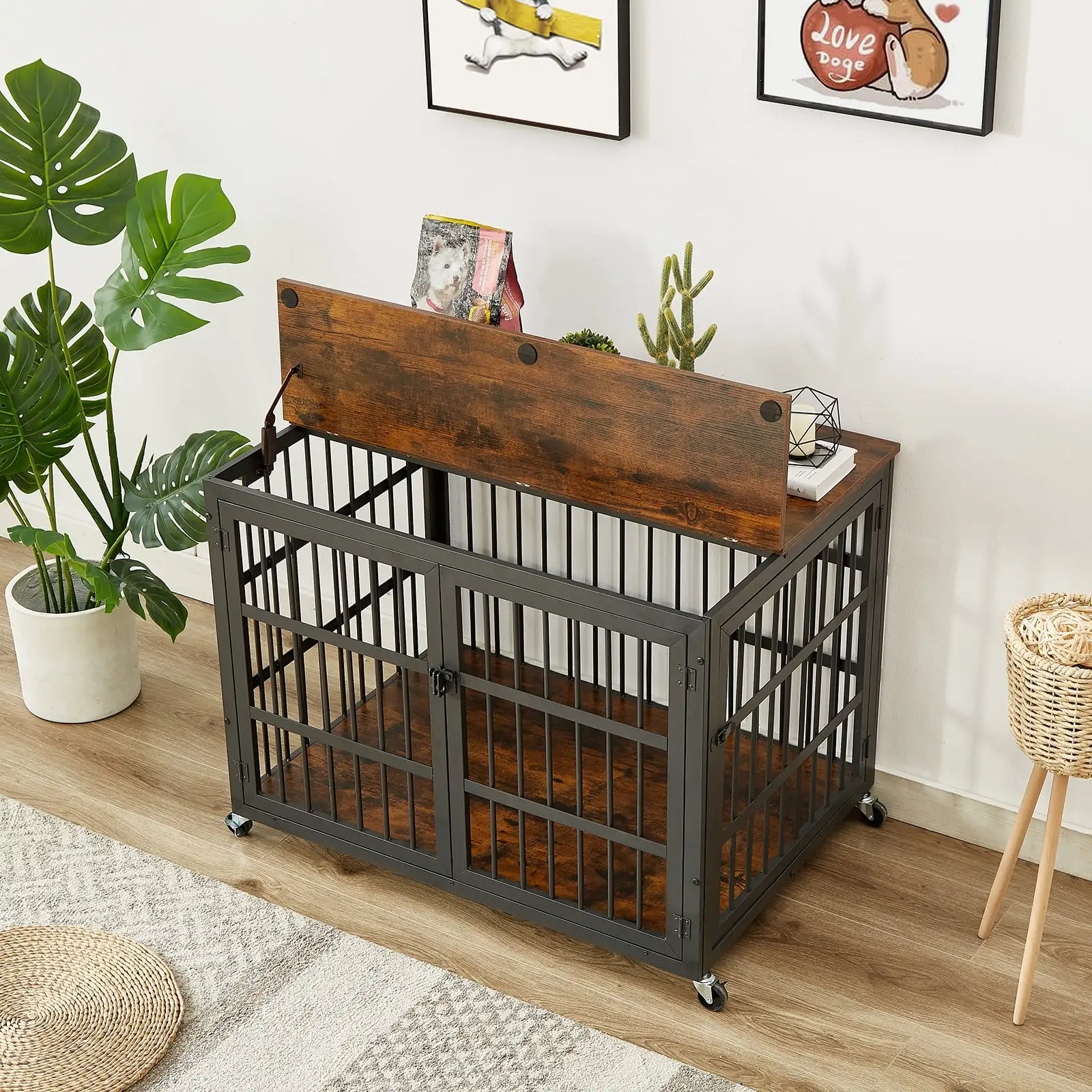 Dog Crate Furniture. 38.4 Large Dog Kennel Indoor with Flip-Top. Indestructible Dog Crate End Side Table with Wheels.Modern Furniture Style Pet Cage with Side Openings for Large Medium Size Dogs