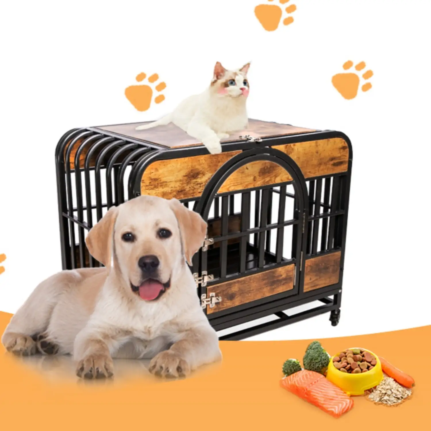 Dog Crate Furniture.46in Dog Kennel with Pull-Out Tray and Lockable Omni-Directional Wheels. Hard Steel Pipe and Heavy Duty Wooden Panel