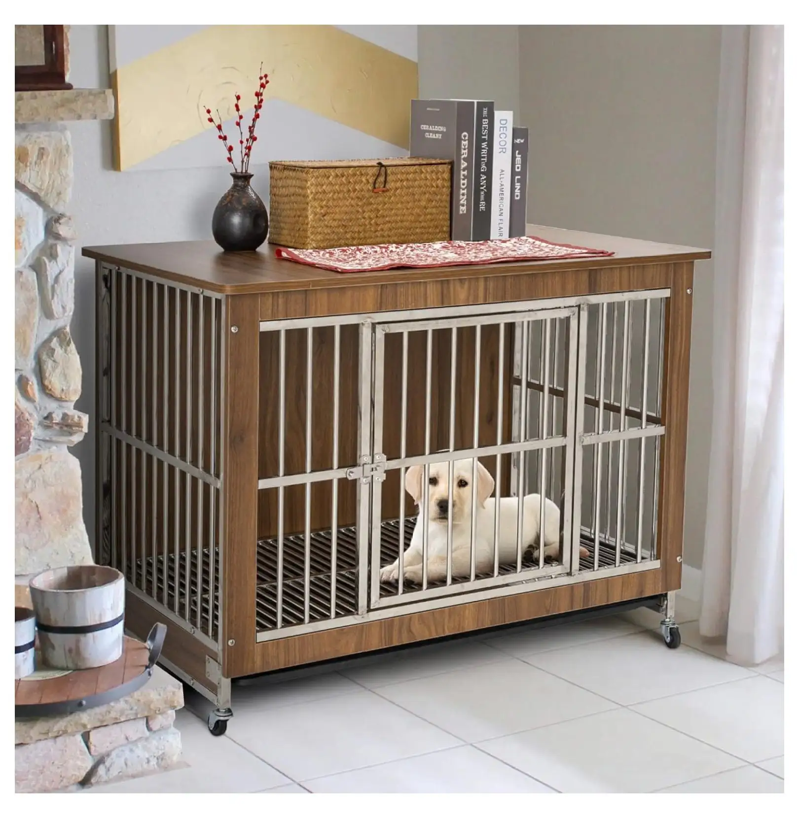 Dog Crate Furniture. BIN24 Wooden Dog Kennel Indoor. Dog Crates for Small Medium Dogs Up to 70 lbs with Stainless Steel Bar. Lockable Wheels and Table Top