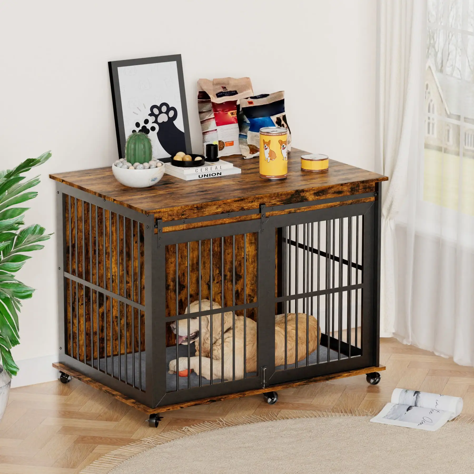 Dog Crate Furniture with Cushion. Wooden Dog Crate Table. Sliding Iron Door Dog Crate. Indoor Heavy Duty Super Sturdy Dog Kennels. Indoor Dog Kennel. Dog House. Dog Cage Medium. Rustic Brown