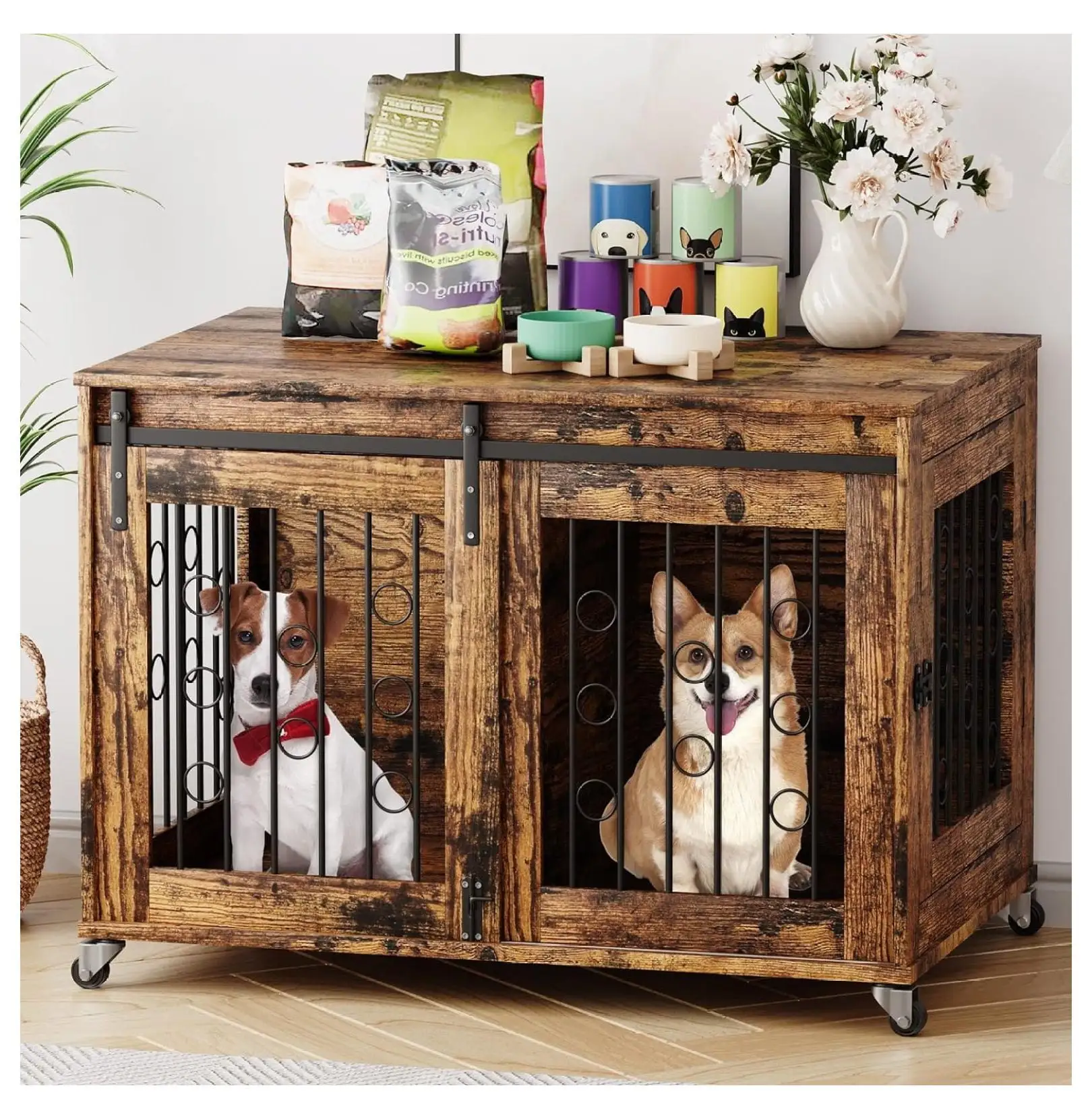 Dog Crate Furniture with Sliding Barn Door. 39'' Movable Dog Crate with Wheels. Side Door. Detachable Divider. Sturdy Dog Kennel for Small Medium Dog with -top (Vintage Color)