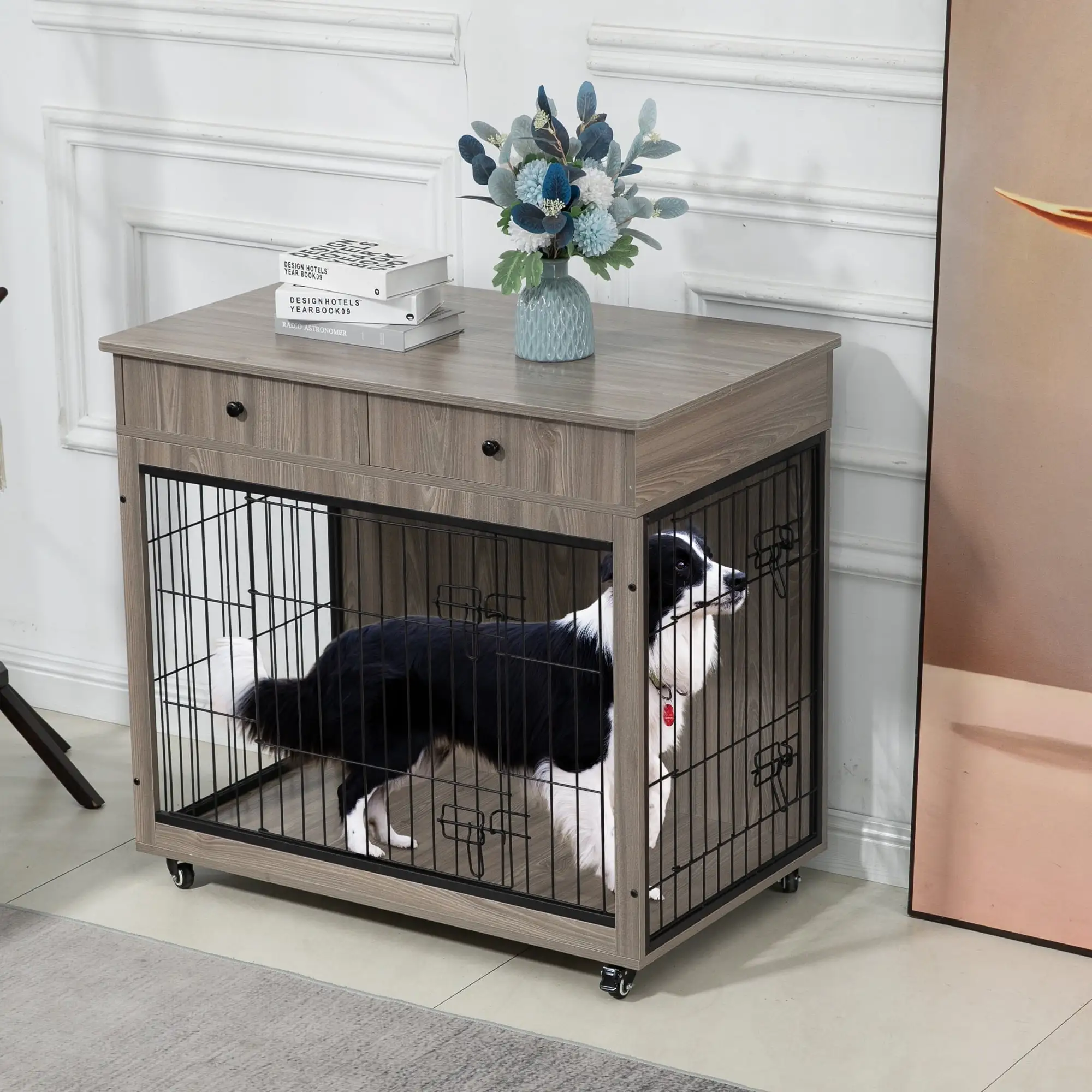 Dog Crate Furniture. Wooden Dog Crate End Table. 38.4 inch Dog Kennel with 2 Drawers Storage. Heavy Duty Dog Crate. Decorative Pet Crate Dog Cage for Indoor. 38.4 L??23.2 W??35. Grey