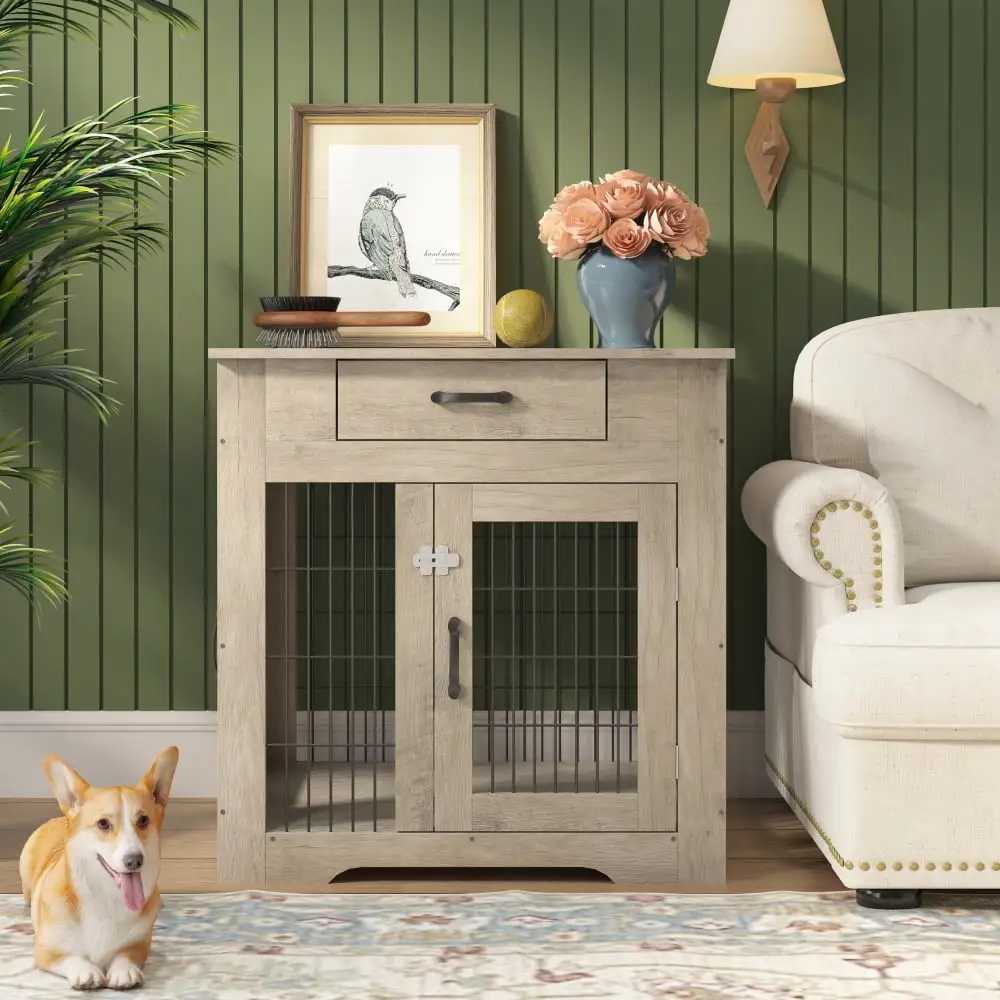 Dog Crate Furniture. Wooden Dog Crate Table. Dog Kennel with 2 Doors and Drawer. Decorative Pet Crate Dog House for Medium/Small Dog Indoor Use. 29.92W x 24.80D x 30.71H. Gray