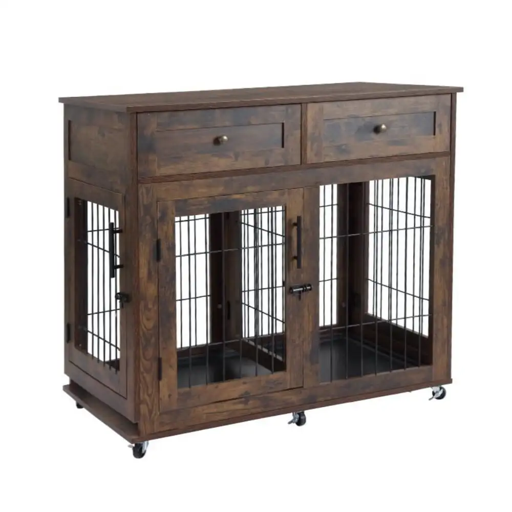 Dog Crate Furniture with 2 Drawers. Wooden Dog Kennel with 360?? Rotatable Wheels. Dog Cage Console Table with Room Divider and Tray