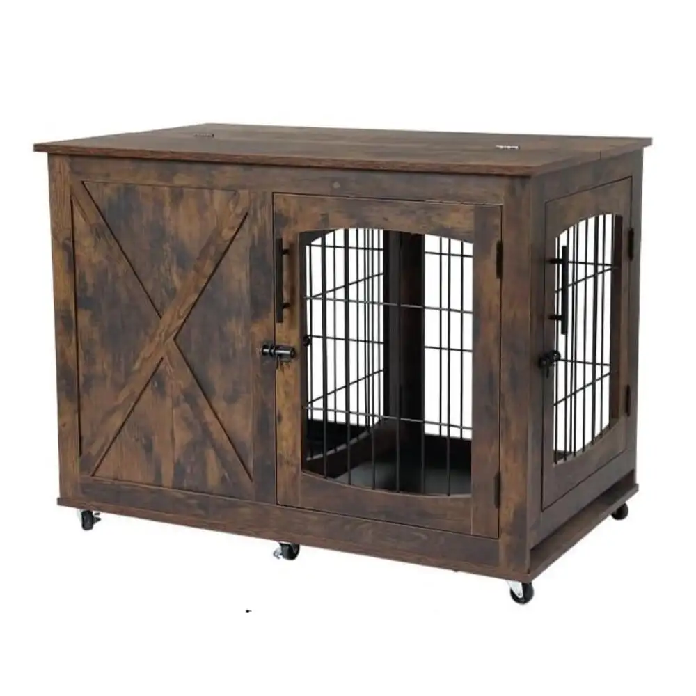 Dog Crate Furniture with Divider and 6 Rotatable Wheels. Wooden Dog Kennel with 3 Doors. Dog Cage Side Table with Removable Tray and Flip Top