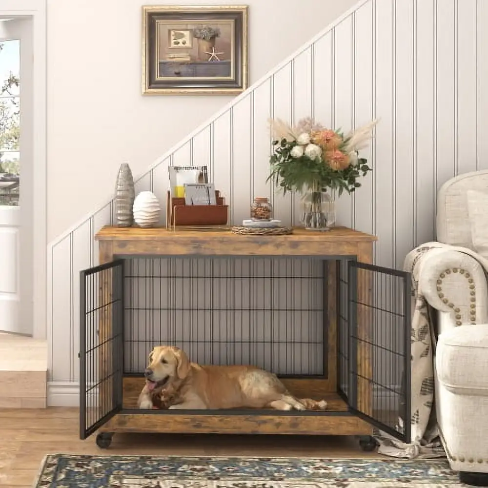 Dog Crate Furniture with Double Doors. Indoor Dog Kennel. Rustic Brown38.58''Wx25.19''Dx27.2''H