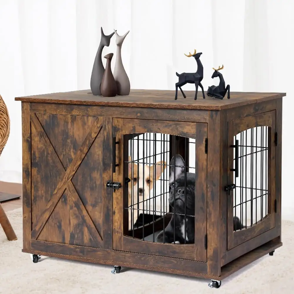 Dog Crate Furniture with Sliding Barn Door 39 Wooden Dog Kennels with Divider and Wheels for Small Medium Large Dog Rustic Brown