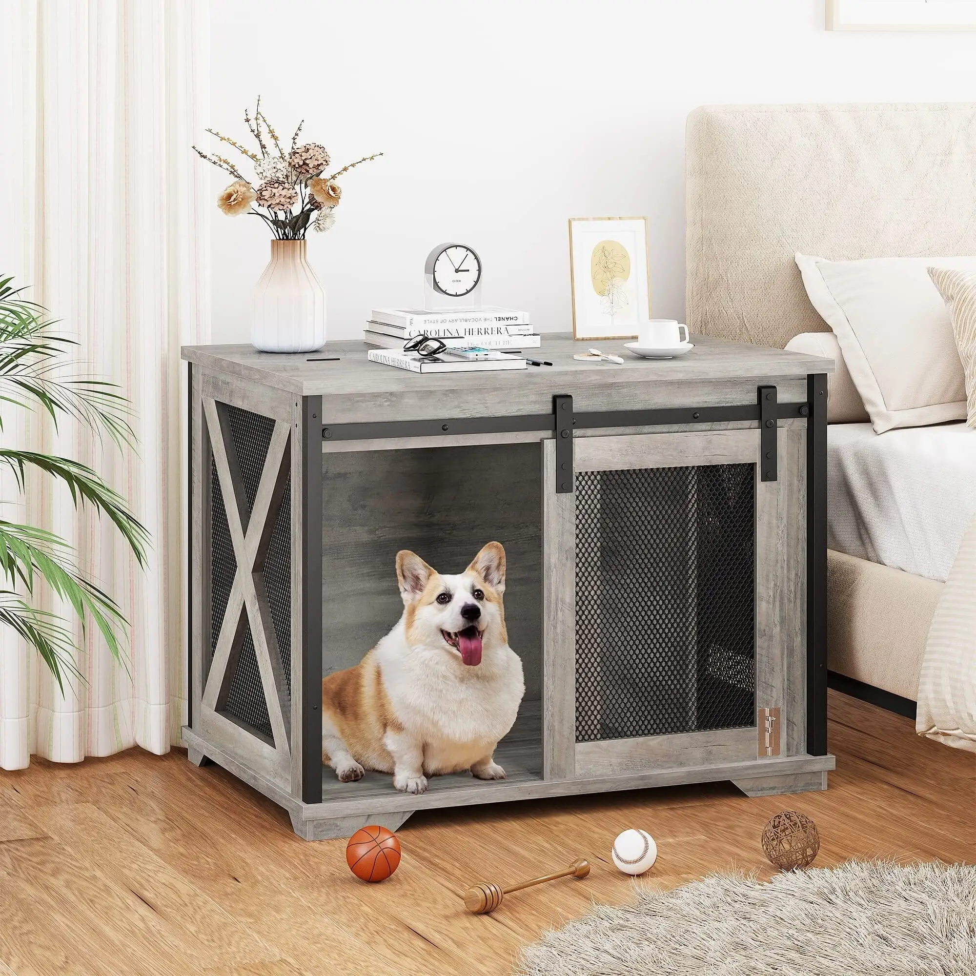 Dog Crate Furniture with Sliding Barn Door Rustic Grey