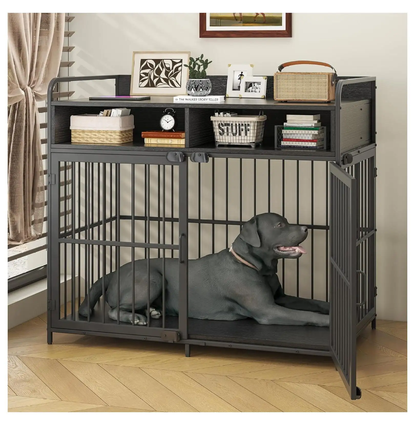 Dog Crate for Large Dogs. Black Furniture Dog Crate. Large Dog Kennel Indoor. Heavy Duty Wood Dog Cage Table with Drawers Storage. Sturdy Metal. Inner Size: 39.4 L x 22.5 W x 23.3 H