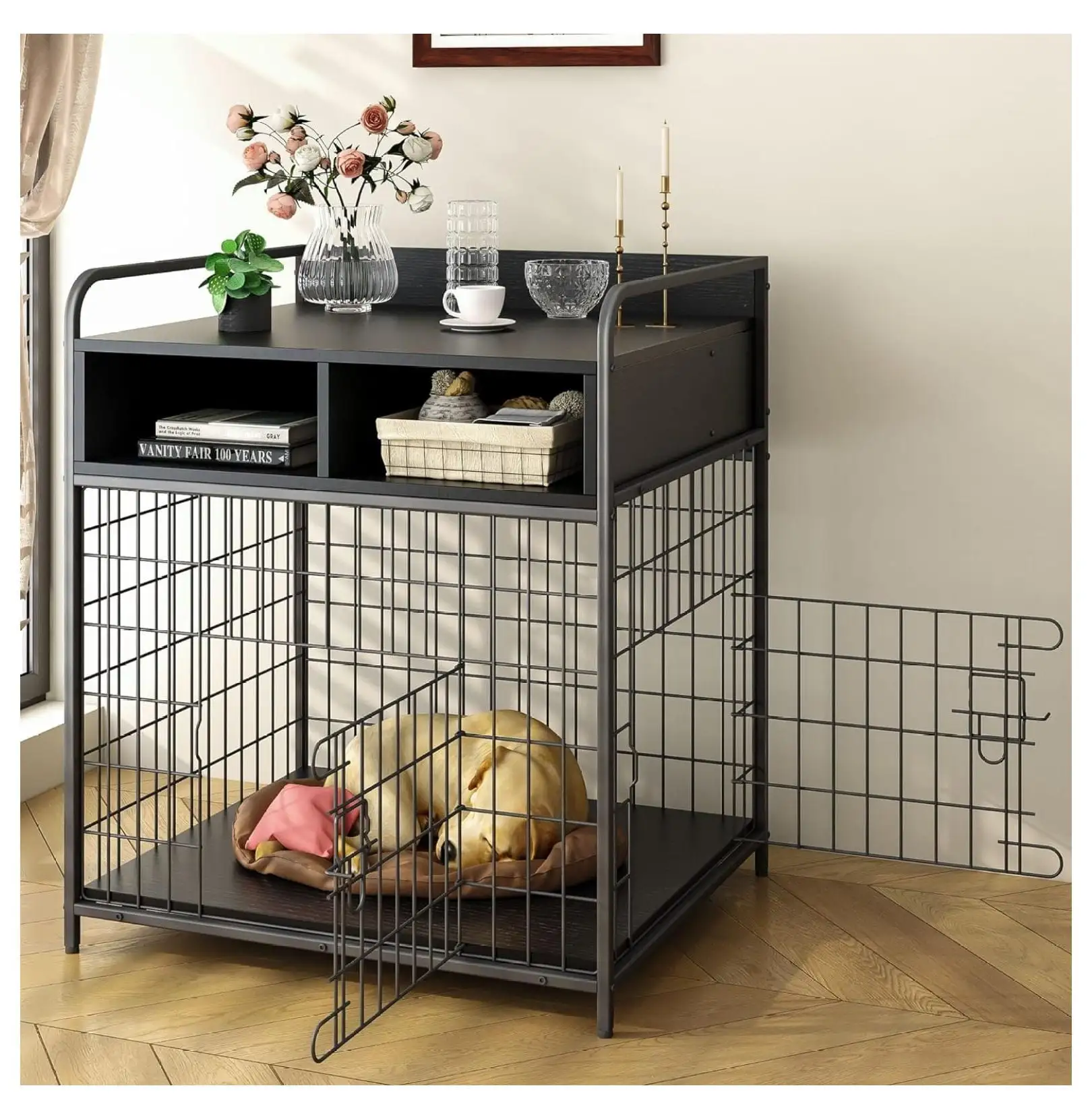 Dog Crate for Small Dogs. Black Furniture Dog Crate. Small Dog Kennel Indoor. Heavy Duty Wood Dog Cage Table with Drawers Storage. Sturdy Metal. Inner Size: 26.4 L x 19.5 W x 19.5 H