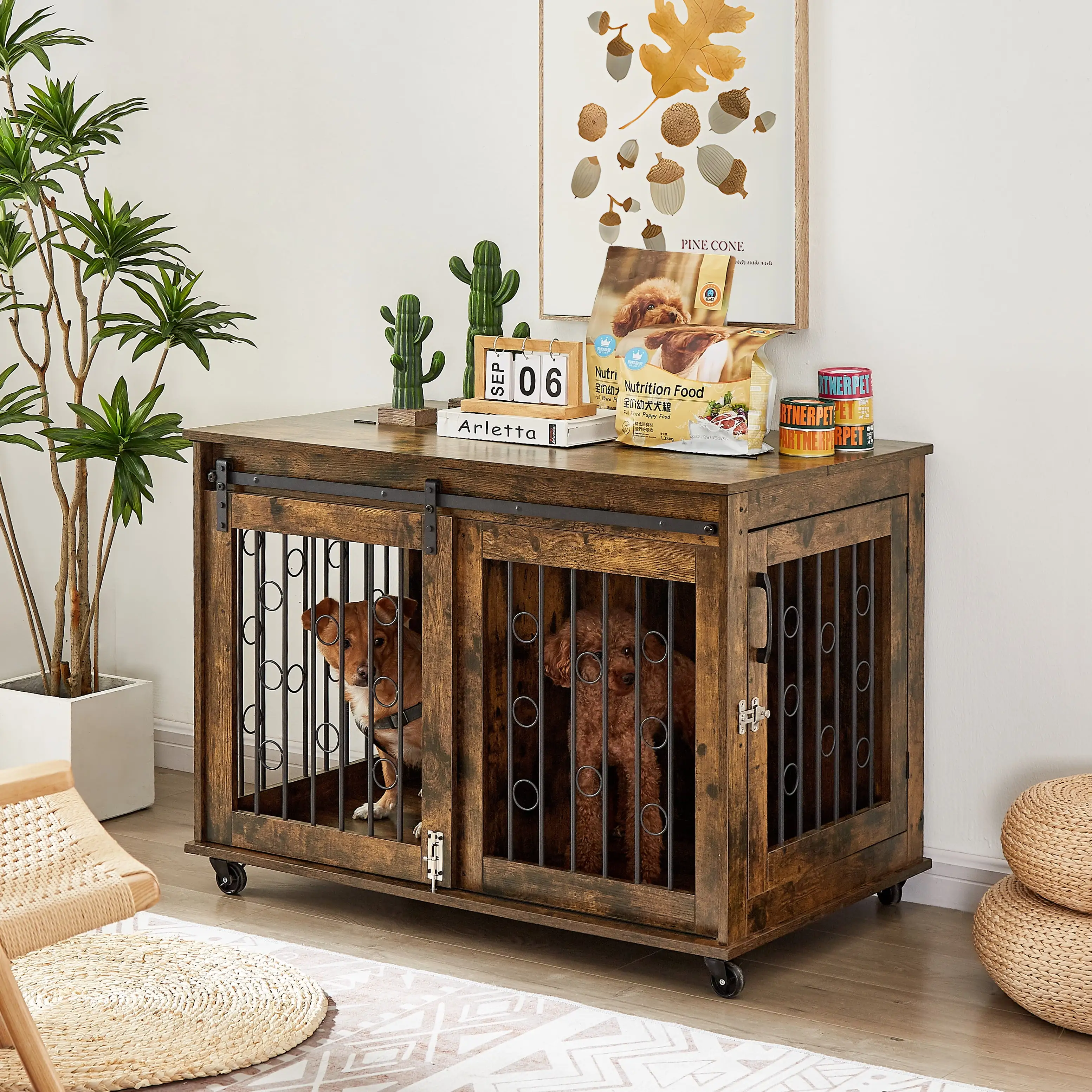 Dog Crate on Wheels. Seizeen 39 Large Dog Cage with Partition for Two Puppies. Heavy Duty Dog Kennel with Lockable Sliding Door. Modern Home End Table with Openable Tabletop. Rustic Brown. L0021