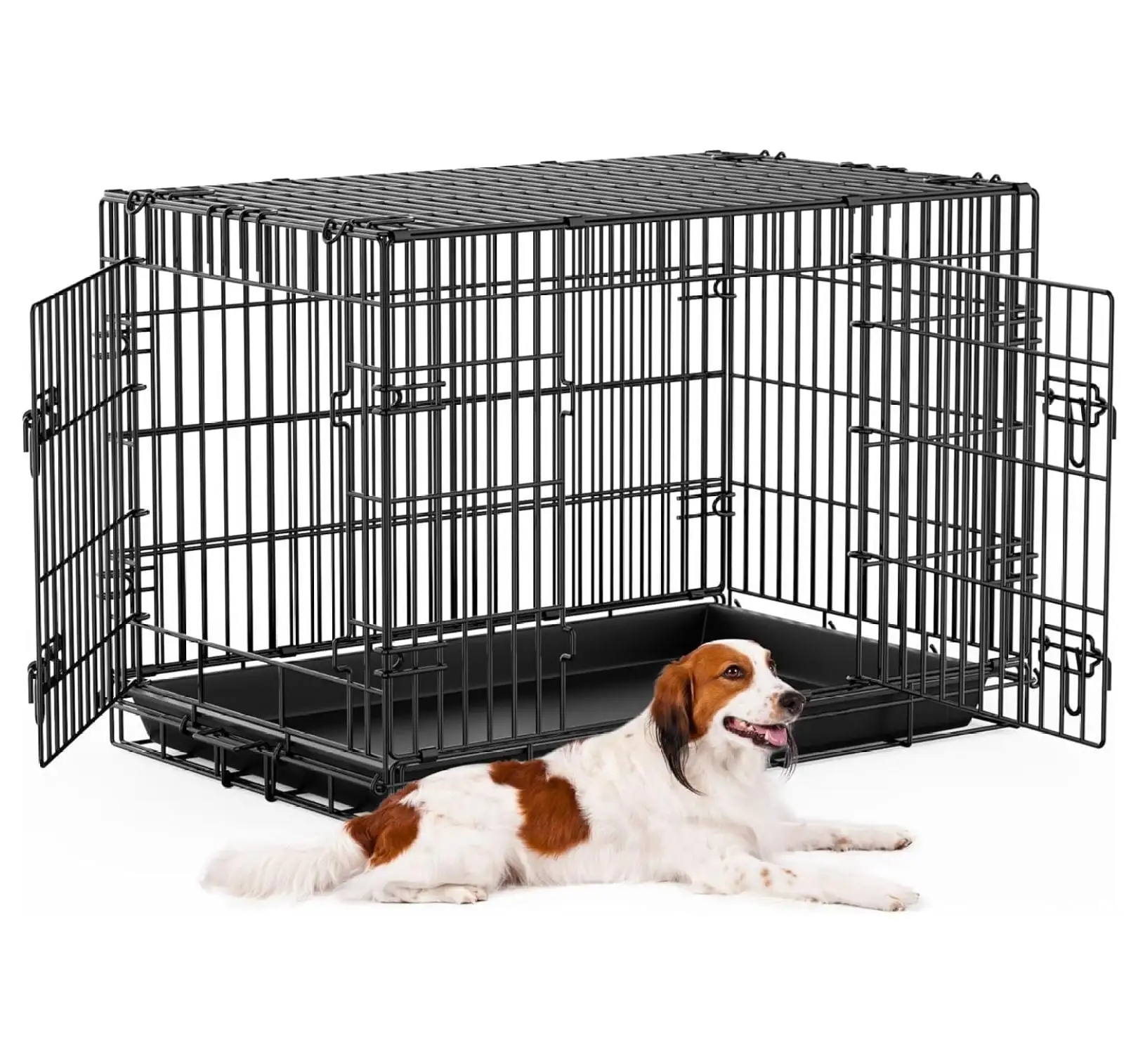 Dog Crate for Small Dogs Indoor. Double Door Dog Kennels & Houses for Puppy Cats with Leak- Proof Pan. Collapsible Metal Contour Pet Cages 42 Inch