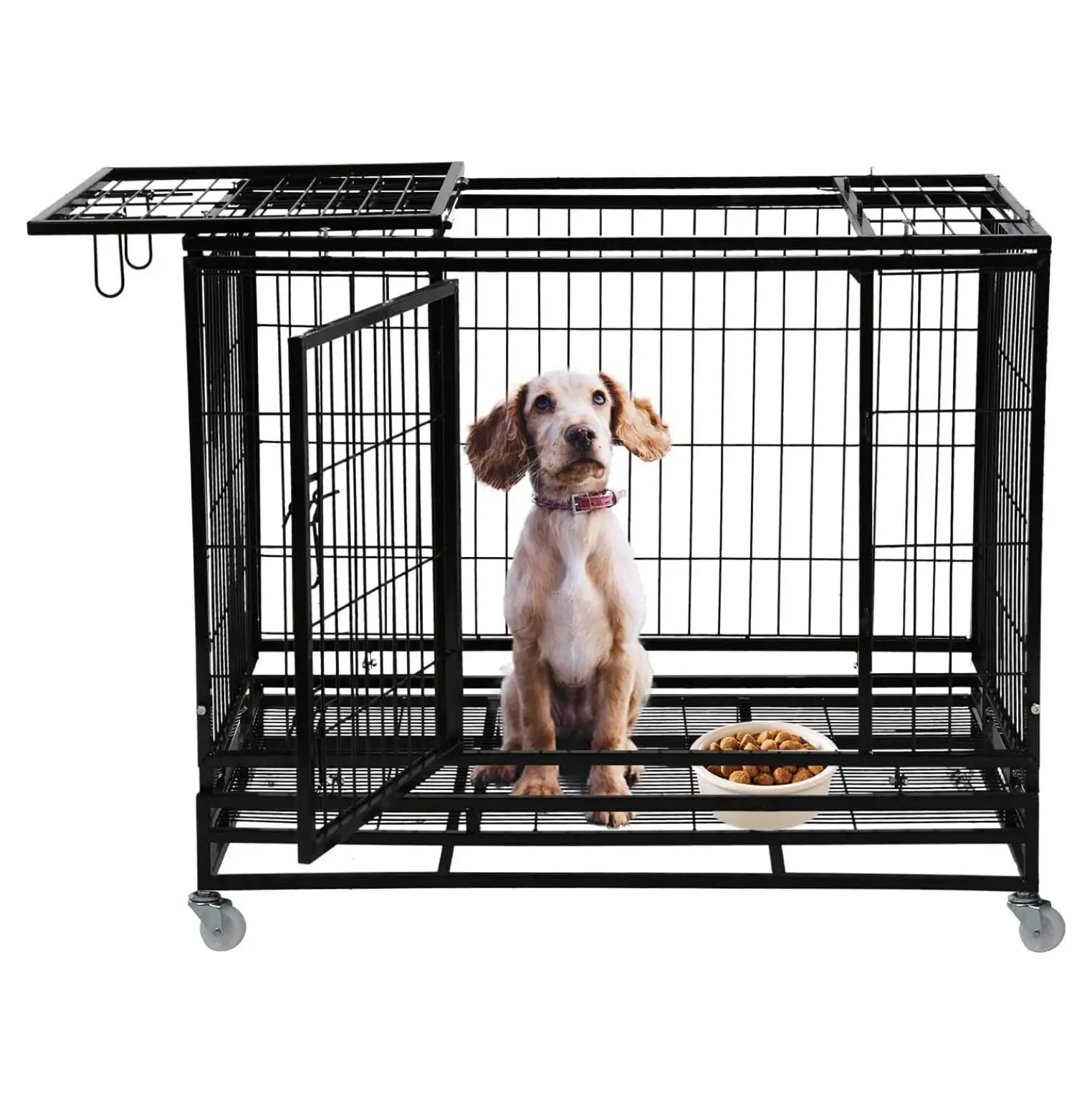 Dog Crate inch Large Dog Cage Heavy Duty Dog Kennel Foldable with Lockable Wheels.Double Doors.Plastic Tray for Small / Large Pets Training Indoor Outdoor-Black DC-4885-Black