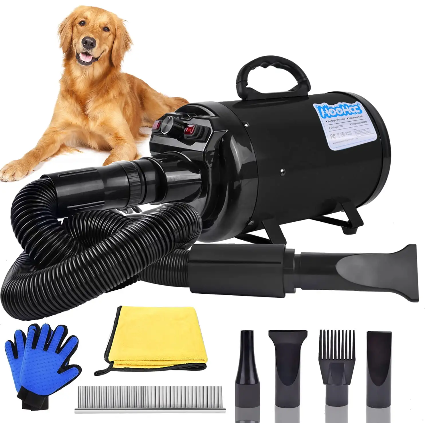 Dog Dryer. 4.5HP All-in-one Pet Grooming Dryer with Adjustable Speed and Temperature Control Dog Blow Dryer. Dog Hair Dryer with 4 Nozzle. Comb. Towel & Glove