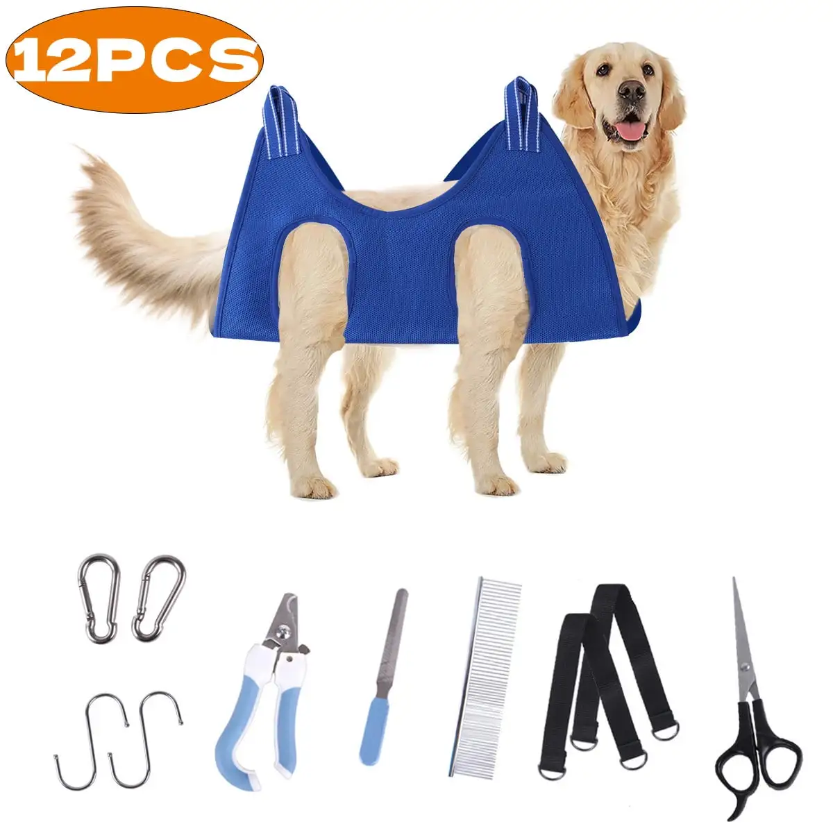 Dog Grooming Hammock - Pet Grooming Sling Helper for Large Dog Cat with Nail Clippers. Trimmers. and Grooming Scissors. 12pcs. Blue. L Size