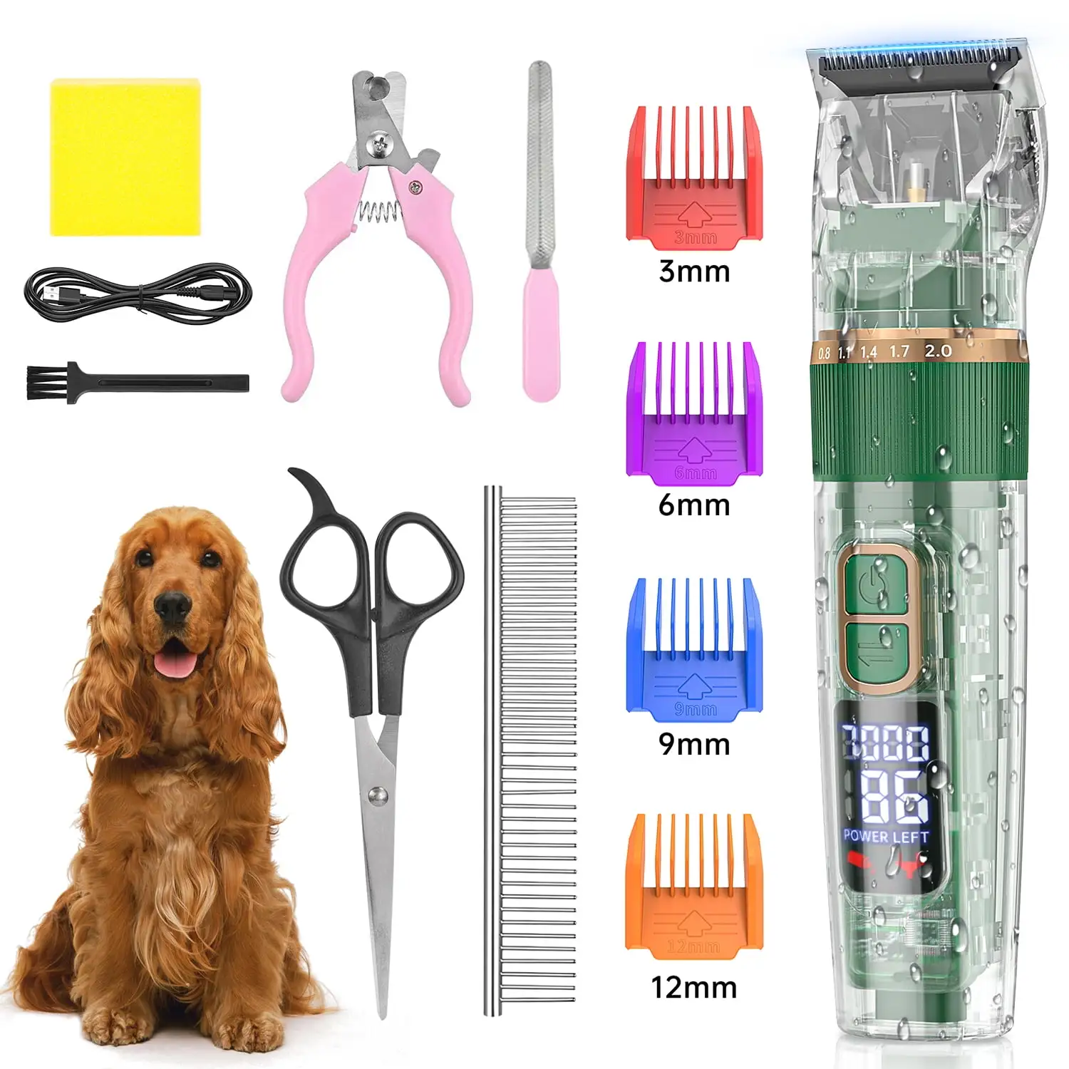 Dog Hair Clippers. USB Rechargeable Cordless Dog Grooming Clippers Kit with LED Display. Low Noise Heavy Duty Pet Hair Shaver Trimmers Set IPX7 Waterproof for Dogs Cats Thick Coats