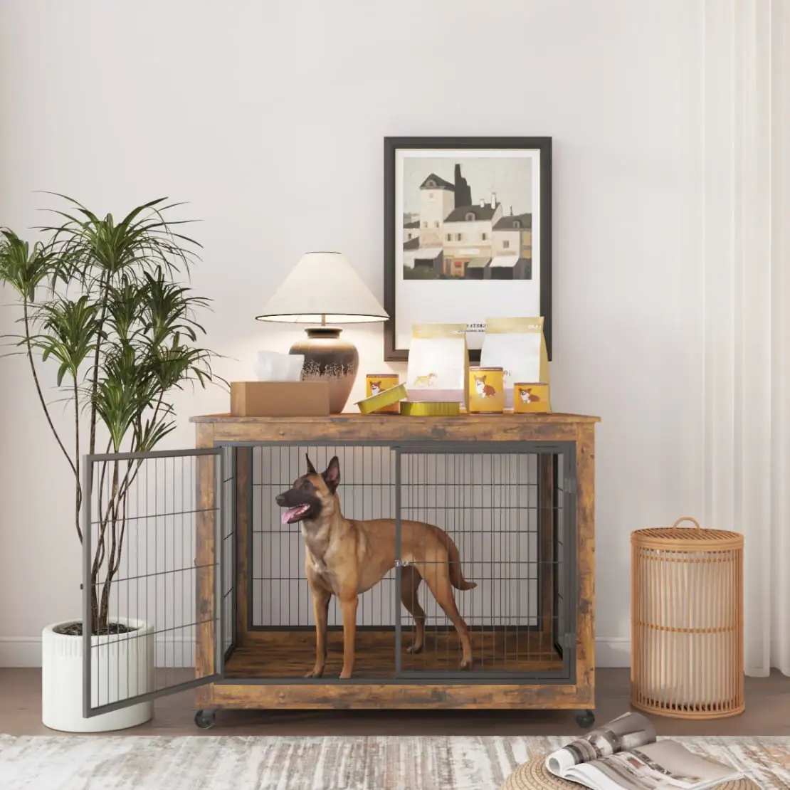 Dog Heavy-Duty Crate Side Table. Double-door Dog House with Lift Top. Latches. Iron Bars and Rolling Casters. Versatile Wooden Indoor Kennel. 43.7'' W X 30'' D X 31.1'' H. Rustic Brown