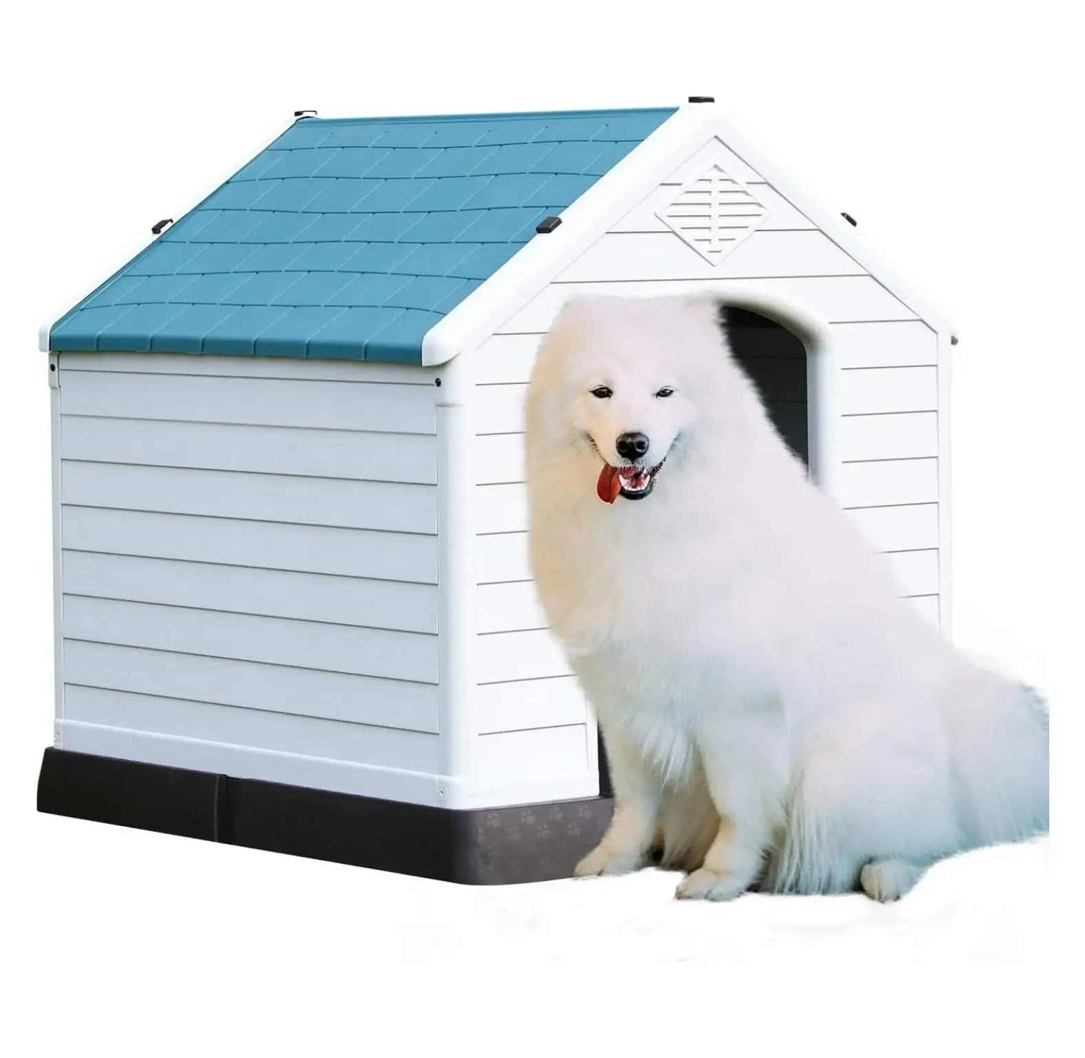 Dog House Extra Large Waterproof Pet Shelter. 39 Inch Outdoor Dog Kennels.Durable Plastic Puppy Shelter Kennel for Small Medium Large Dogs with & Elevated Floor White Blue