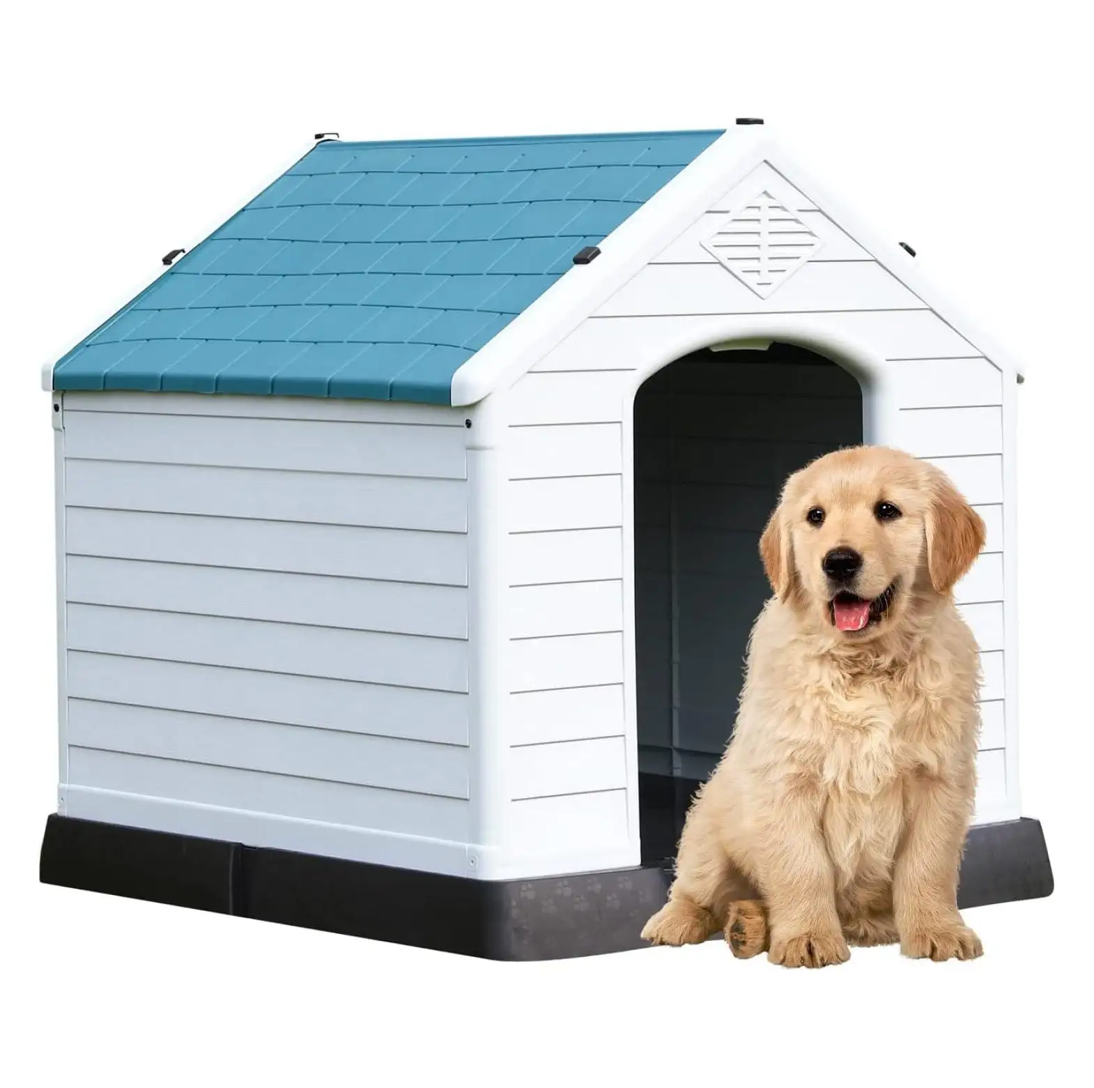 Dog House.Outdoor Dog Kennels.Waterproof Pet Shelter.Durable Plastic Puppy Shelter Kennel for Small Medium Large Dogs with & Elevated Floor White Blue (L(28 H))