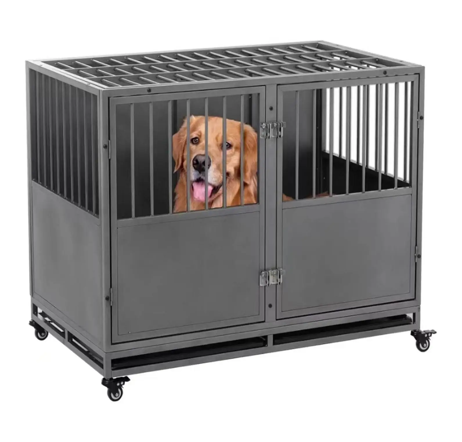 Dog Kennel Heavy Duty Dog Crate.Dog Cage pet Crate with Roof & Window on roof Includes Divider Panel. Plastic Tray & Carry Handle. with Wheels (48in Dog Cages Black)