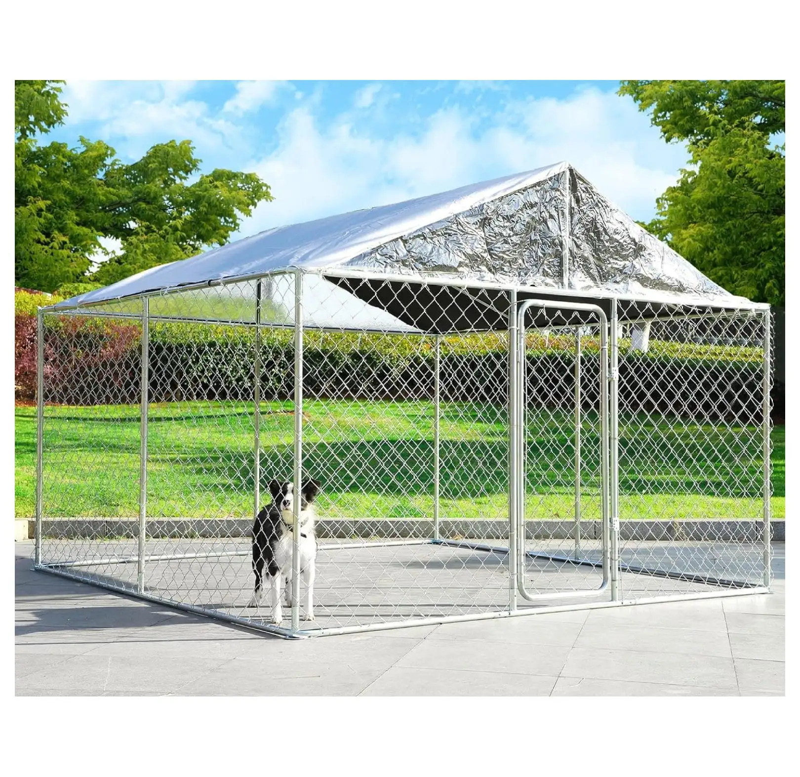 Dog Kennel Outdoor Large Dog House Outside with Waterproof Canopy. Heavy Duty Dog Playpen Galvanized Anti-Rust Dog Cage with Secure Lock for Farm Backyard Garden (118'' L x 118'' W x 83'' H)