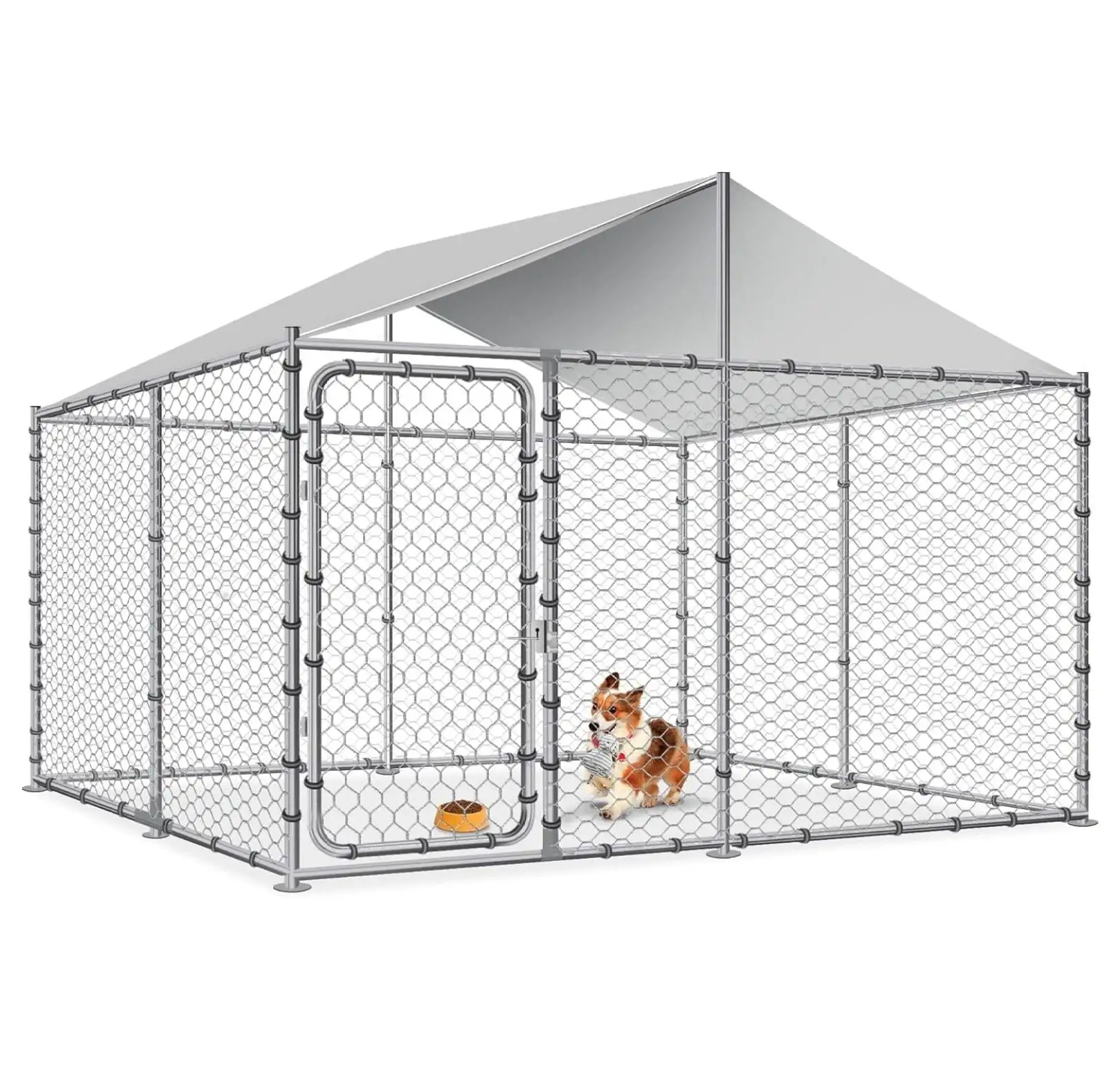 Dog Kennel Outdoor Large Dog House Outside with Waterproof Canopy. Dog Playpen Galvanized Heavy Duty Anti-Rust Dog Cage with Secure Lock for Farm Backyard Garden (90'' L x 90'' W x 63'' H)