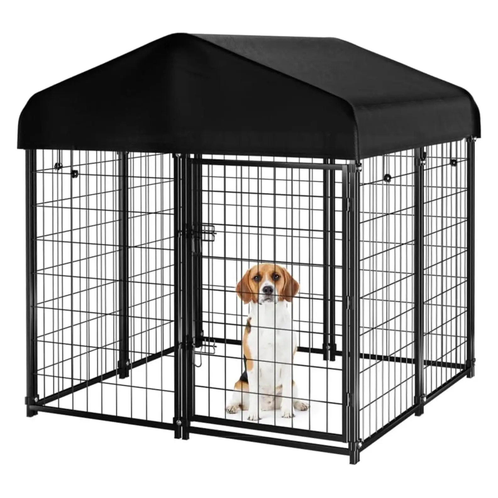 Dog Kennel Outdoor with Roof. 4'x4.2'x4.5' Welded Wire Dog Enclosures for Outside. Heavy Duty Dog Crate with UV-Resistant Waterproof Cover